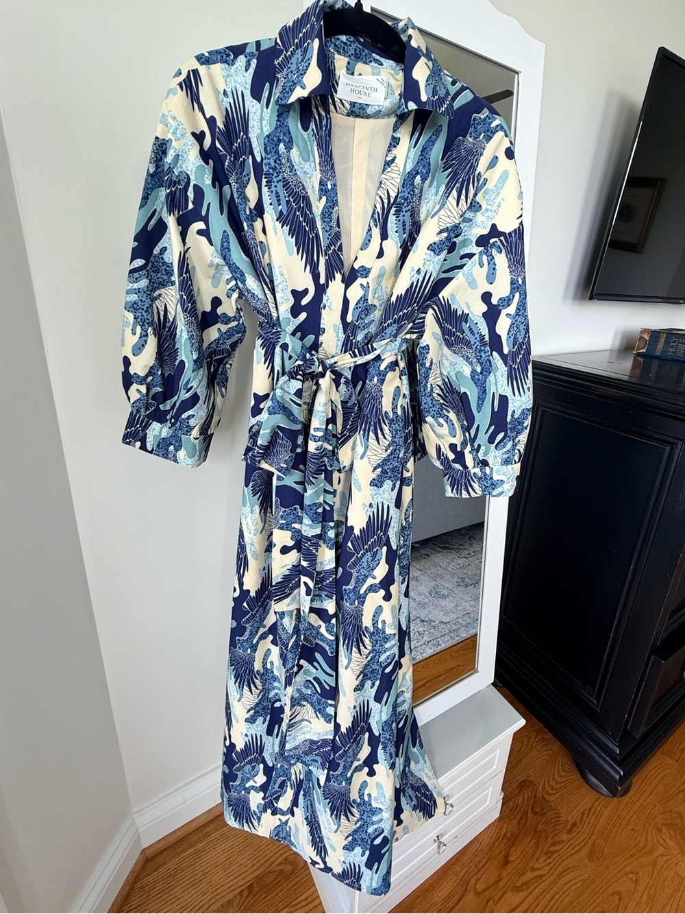 Printed Blue and Cream Maxi Shirt Dress with Tie Belt
